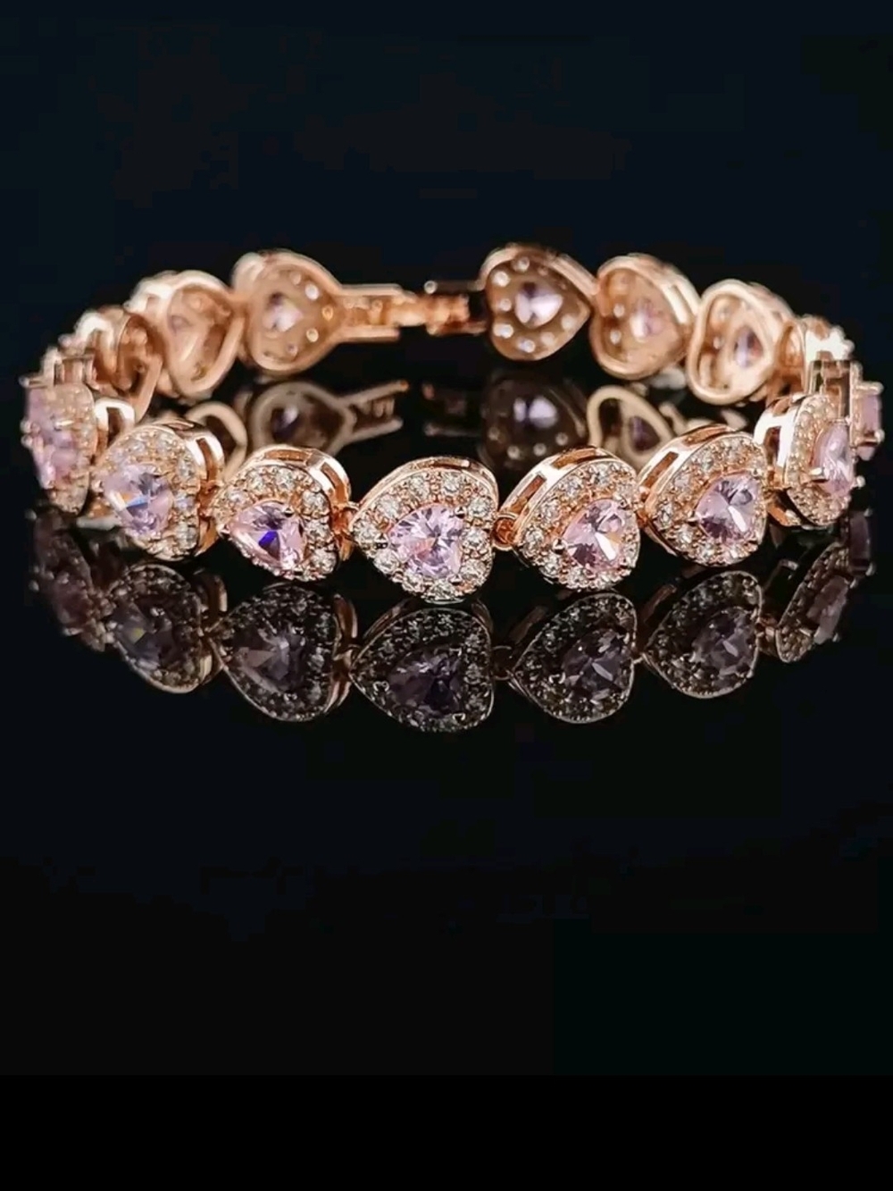 Rose Gold Heart Tennis Bracelet with Pink Crystals